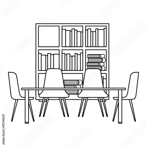 library with bookshelves and desk with chairs vector illustration outline design