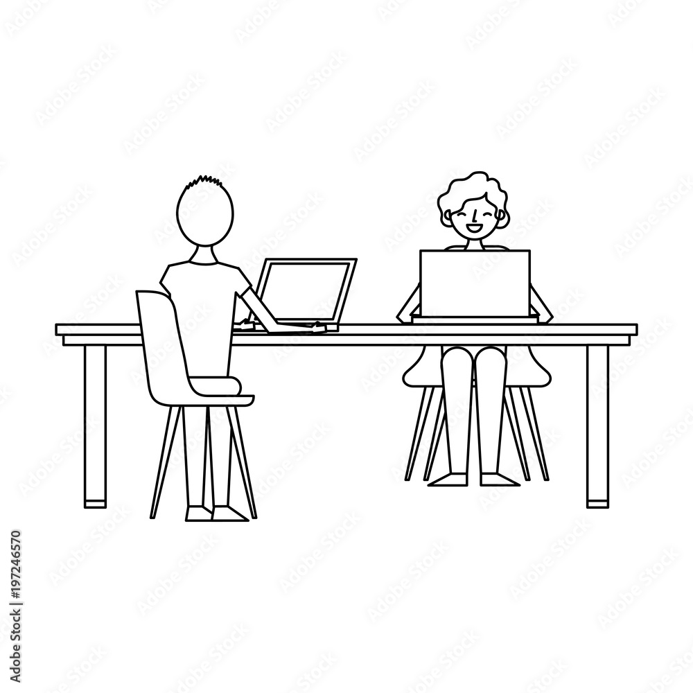 woman and man working in the laptop on table vector illustration outline design