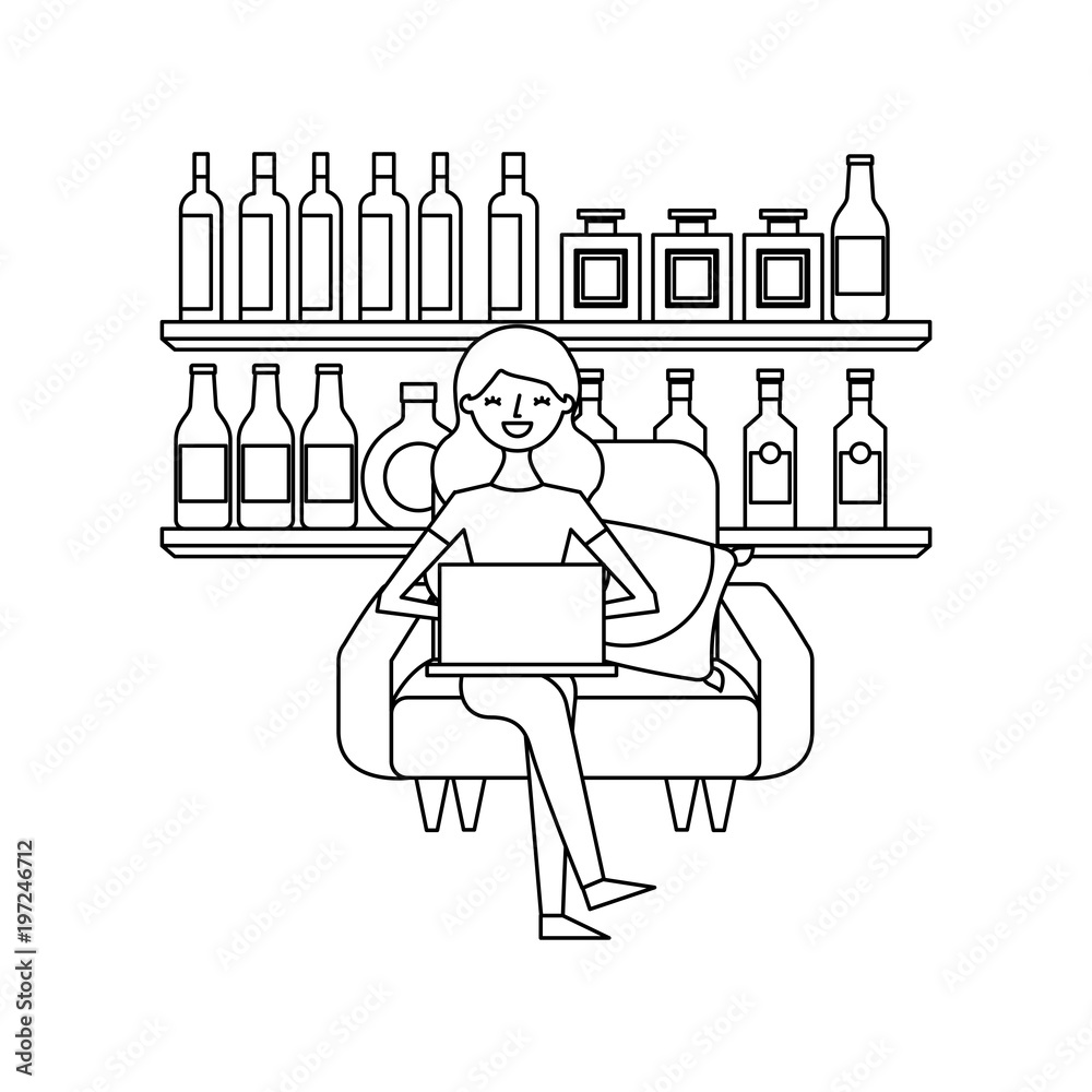 happy woman sitting in the sofa laptop and shelf with bottle glass beverages vector illustration outline design happy woman sitting in the sofa laptop and shelf with bottle glass beverages vector illustration outline design