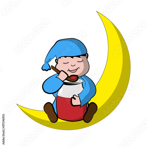 Little boy sits on the moon and eats jam.