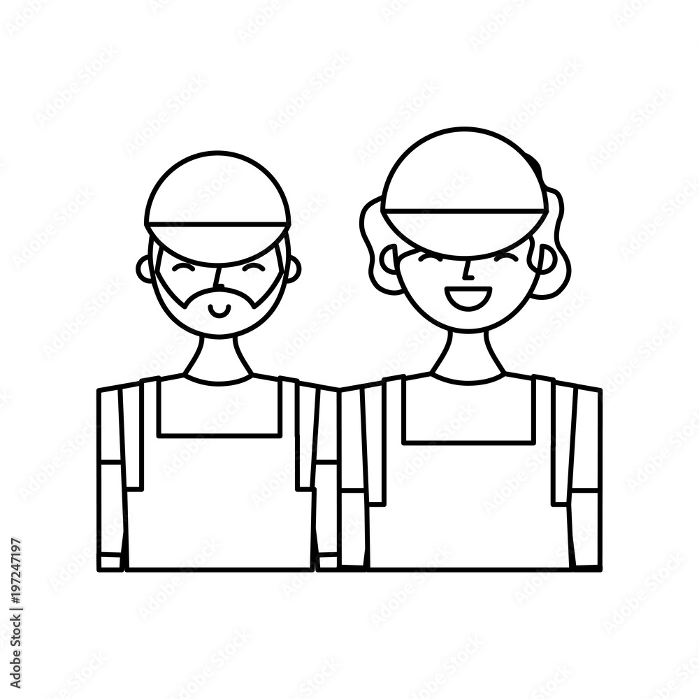 couple barista characters employees with apron and cap vector illustration outline design couple barista characters employees with apron and cap vector illustration outline design