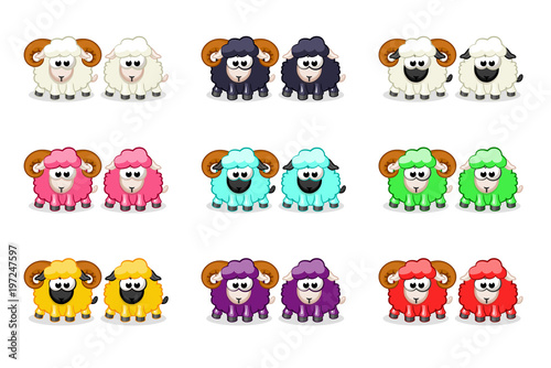 Cartoon cute funny colored sheep and ram