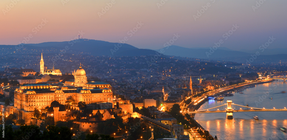 Royal castle, Danube river, Buda hills in Budapest at night