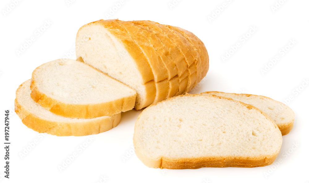 Cut a loaf of white bread on a white background