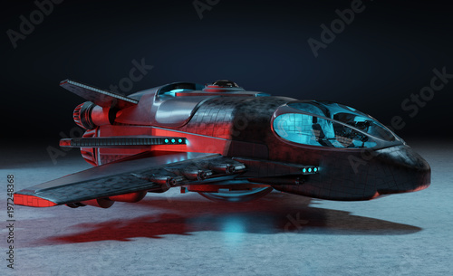 Fototapeta Naklejka Na Ścianę i Meble -  Futuristic spacecraft isolated on dark background 3D rendering