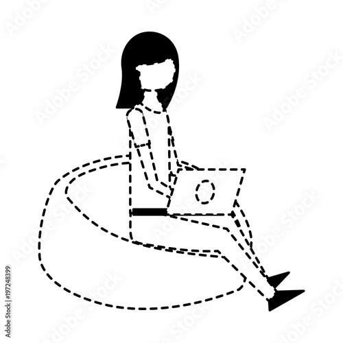 young smiling woman sitting working with laptop on bean bag vector illustration dotted line design