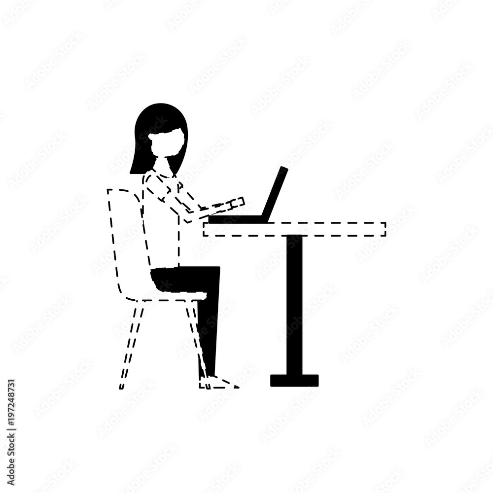 cute woman sitting in the chair typing laptop on table vector illustration dotted line design