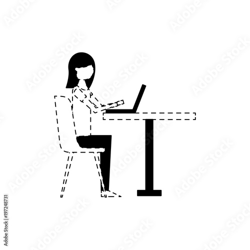 cute woman sitting in the chair typing laptop on table vector illustration dotted line design