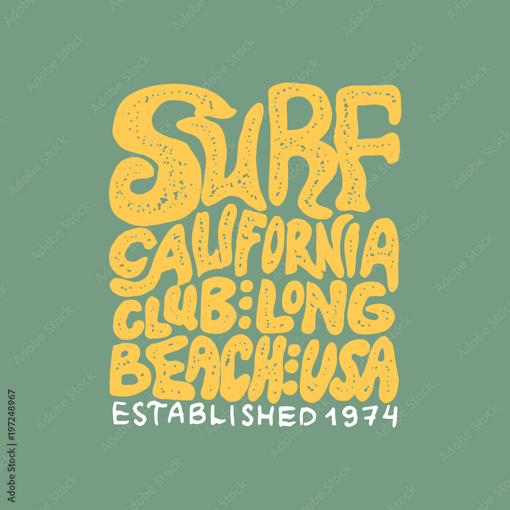 Surf badge and wave, palm tree and ocean. vintage retro background ...