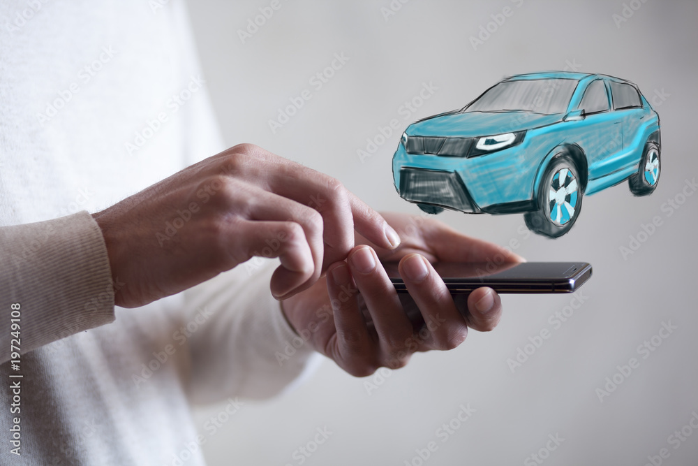 man hand smart phone with car in screen man hand smart phone with car in screen
