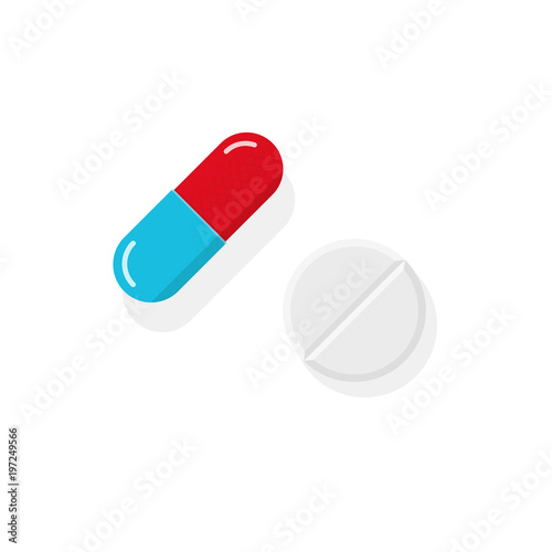 Pill and tablet vector illustration, flat cartoon style of medicine drugs closeup isolated on white
