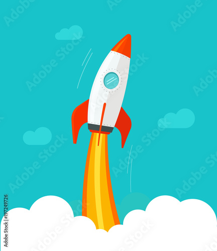 Rocket ship flying vector illustration, flat cartoon comic design or rocketship launch, missile flight in the sky