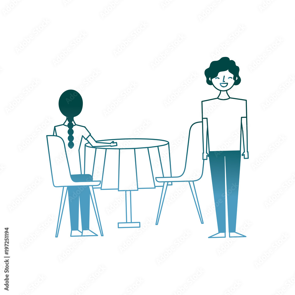 woman sitting back and man standing with table and chairs vector illustration gradient color design