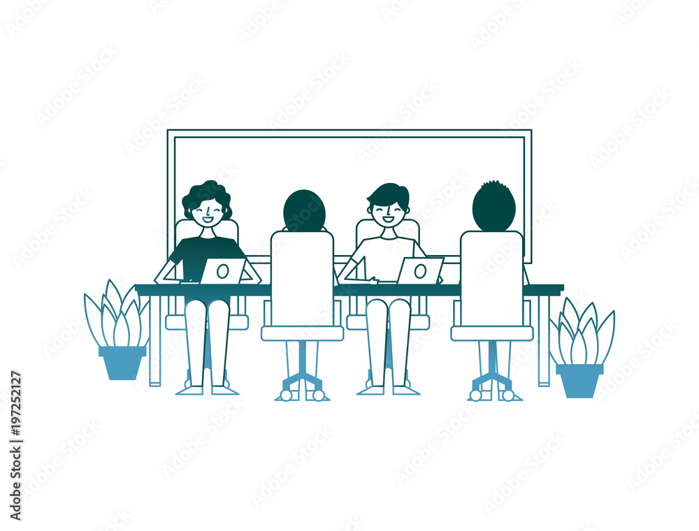 office team of employees working on their laptops at the table potted plants and board vector illustration gradient color design