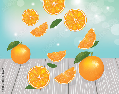 Oranges falling on wooden planks, vector