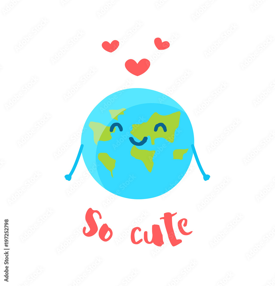 Cute Earth and red hearts on white background. Flat style. Vector illustration.