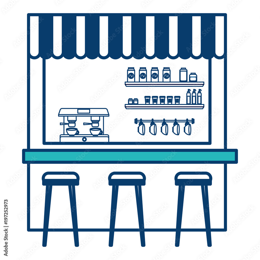 Fototapeta premium coffee shop machine espresso stools and shelf vector illustration green and blue design