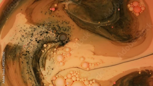 Ink Bubbles In Water. Orange Bubbles.Bright Collors Bubbles Oil Beautiful Paint Surface Red And Yellow Universe Of Color Moving Multicolored Macro.