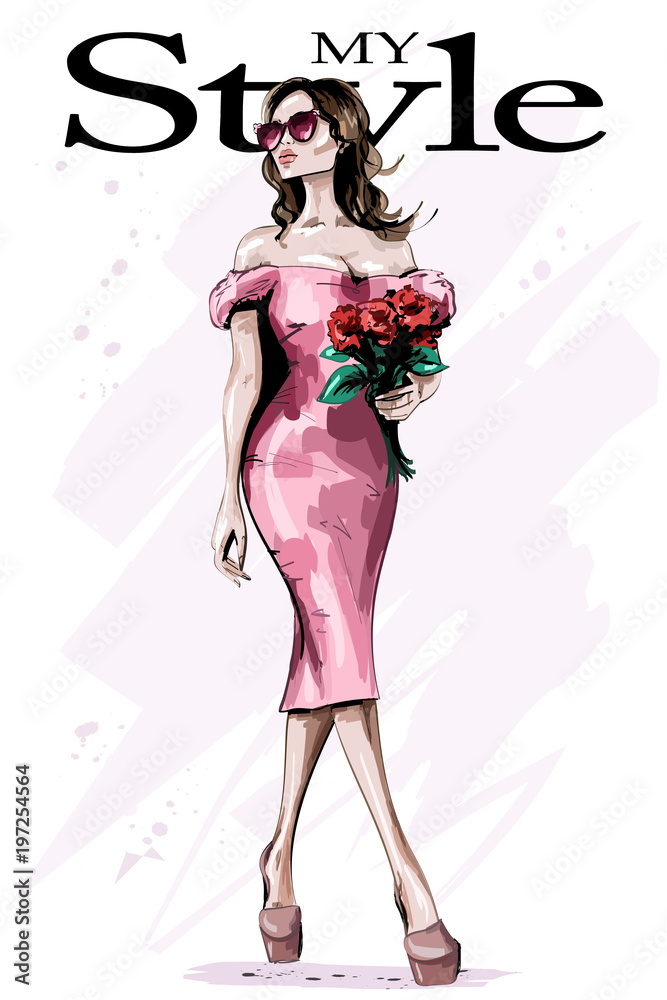 Beautiful young woman in stylish dress. Fashion woman with flowers. Elegant  lady in sunglasses. Sketch. Stock Vector | Adobe Stock