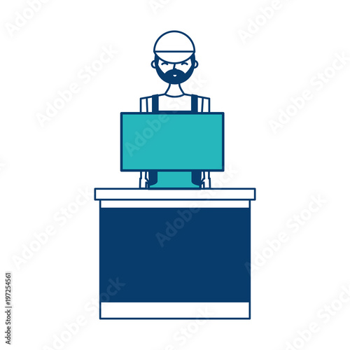 barista male in uniform standing behind cash register vector illustration green and blue design
