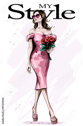 Beautiful young woman in stylish dress. Fashion woman with flowers. Elegant lady in sunglasses. Sketch.
