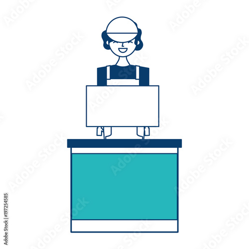 barista female in uniform standing behind cash register vector illustration green and blue design