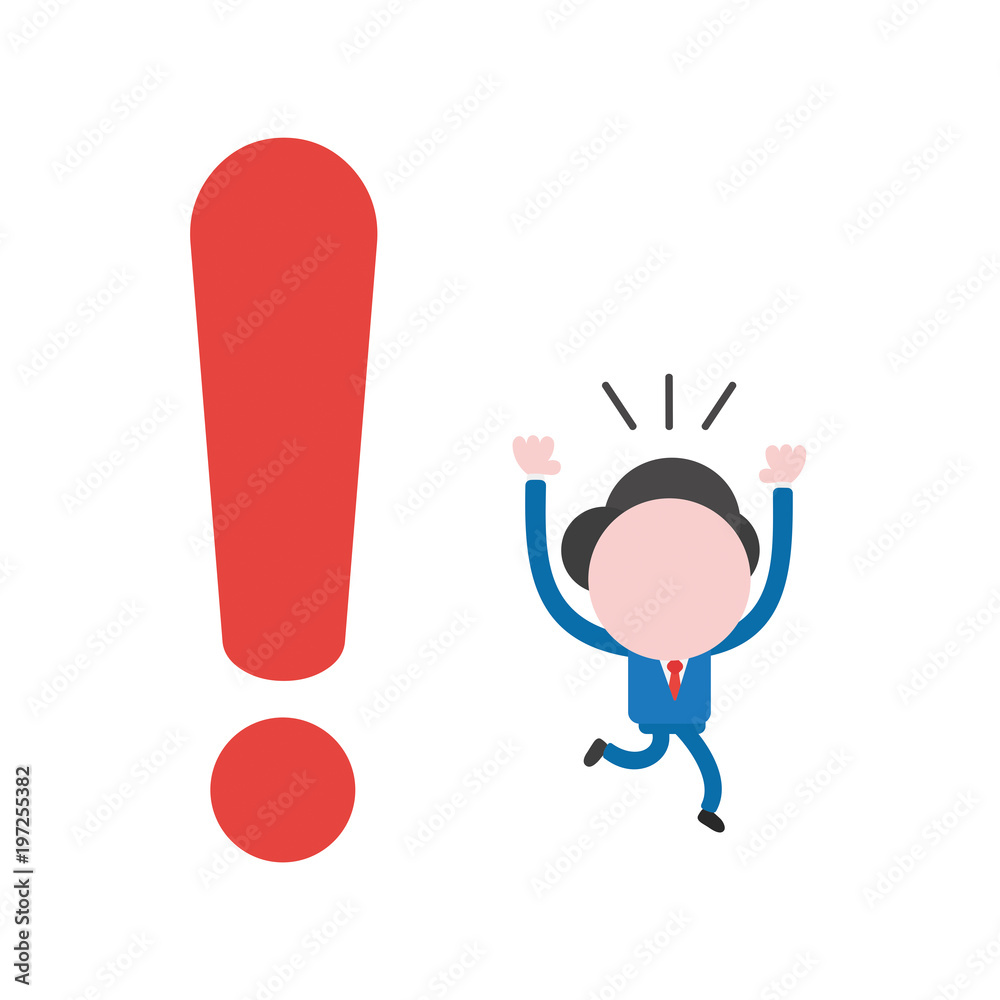 Vector illustration businessman character running away from big exclamation mark Vector illustration businessman character running away from big exclamation mark