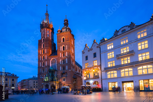 St. Mary Basilica in Krakow at nigh, Poland