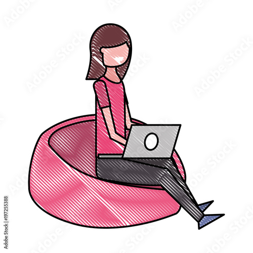 young smiling woman sitting working with laptop on bean bag vector illustration