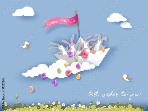 Happy Easter card with bunny flying on paper boat on blue sky background. Vector illustration. Paper cut and craft style.