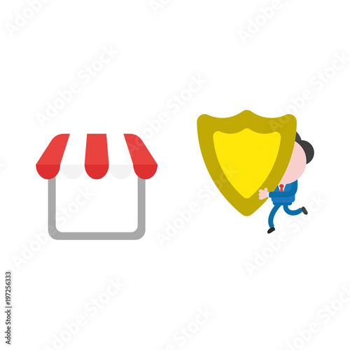 Vector illustration businessman character running and carrying shield guard to shop store