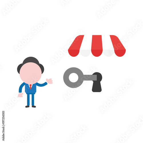 Vector illustration businessman character showing unlock shop store with key
