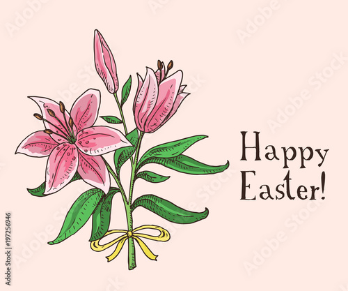 Hand drawn easter gift card with pink lilies. Greate holiday doodle vintage illustration with spring bouqet