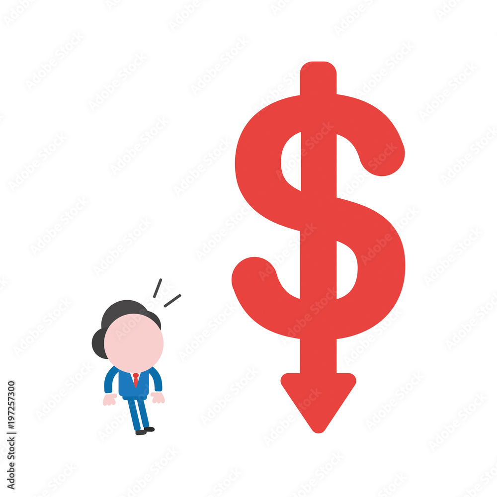 Vector illustration businessman character looking big dollar symbol with arrow down Vector illustration businessman character looking big dollar symbol with arrow down