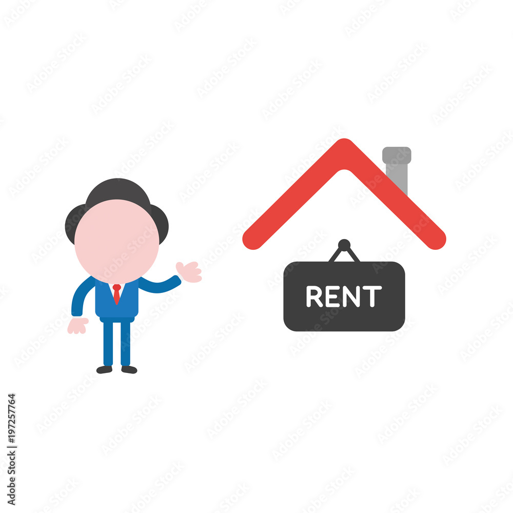 Vector illustration businessman character with house and rent written on hanging sign Vector illustration businessman character with house and rent written on hanging sign