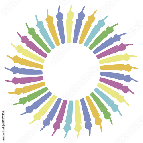 bright colored Circle of hand index fingers pointing in all directions isolated on white background