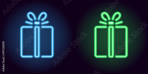 Blue and green neon gift box