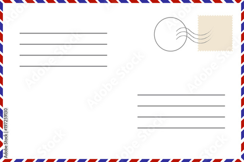 Vintage postcard. Old template. Retro airmail envelope with stamp