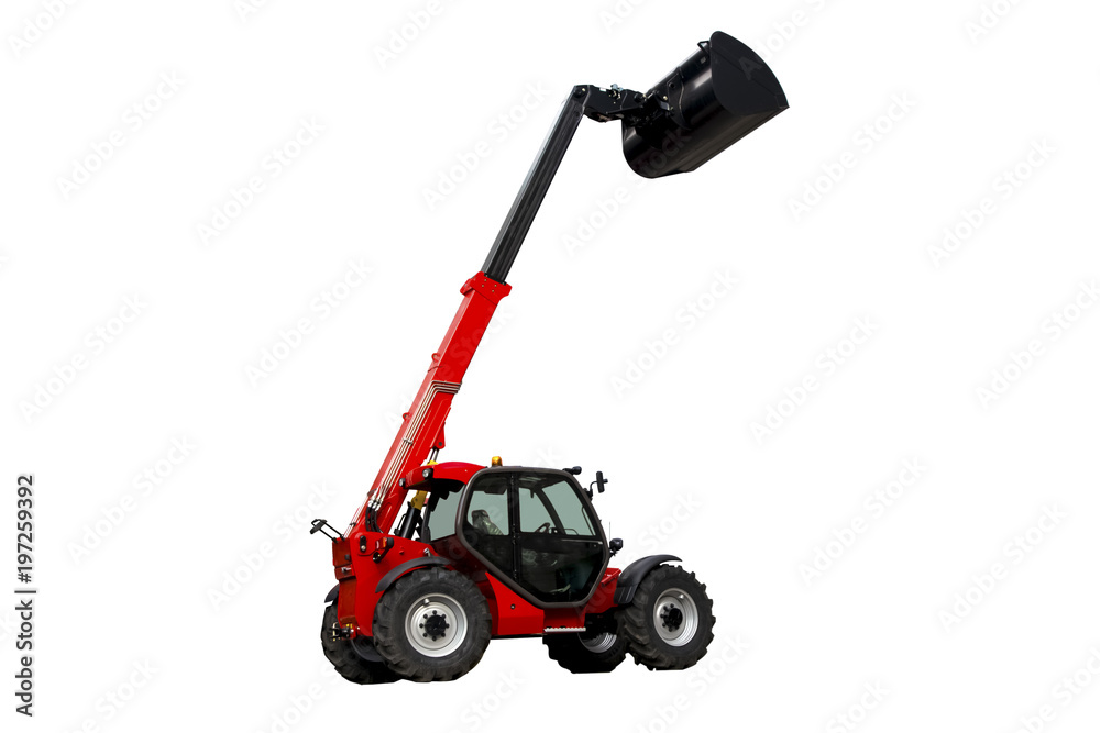 red excavator with a raised bucket up, isolated on a white background red excavator with a raised bucket up, isolated on a white background