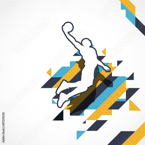 Basketball player silhouette player jump for the slam dunk on abstract stripes background