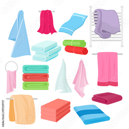 Vector flat illustration set of cartoon towels in different colors and shapes. Cloth towel for bath.