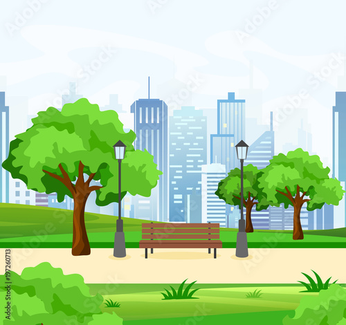 Vector illustration of beautiful public city park with trees and bench, lights and modern city view on background in flat style.