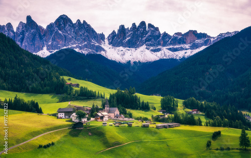 Famous best alpine place of the world, Santa Maddalena (St Magdalena) village with magical Dolomites mountains in background, Val di Funes valley, Trentino Alto Adige region, Italy, Europe © daliu