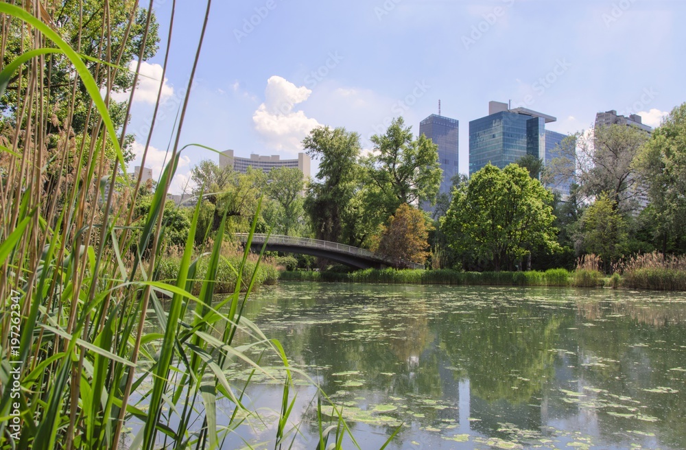 Fototapeta premium See im Donaupark mit Blick auf Häuser in Donaucity