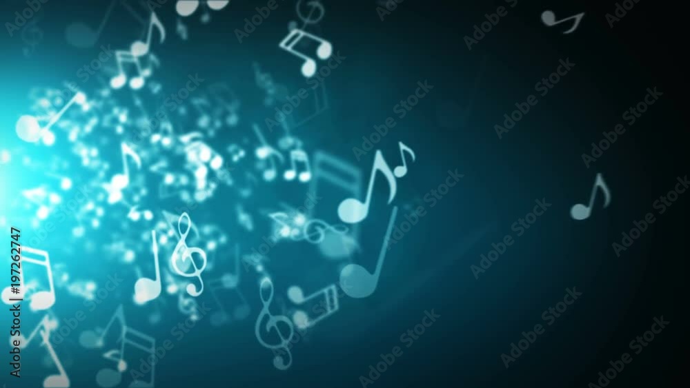Floating musical notes on an abstract blue background with flares