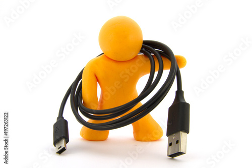 Orange plasticine character and mini USB 2.0 adapter. Data charger cable. Isolated on white background