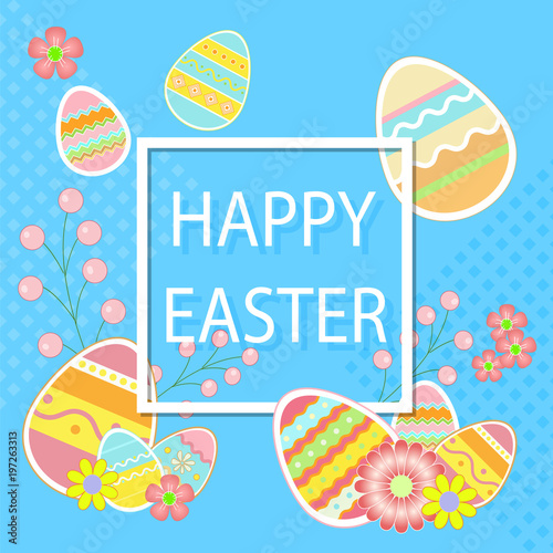 Happy Easter Blue  Background With Decorative Eggs