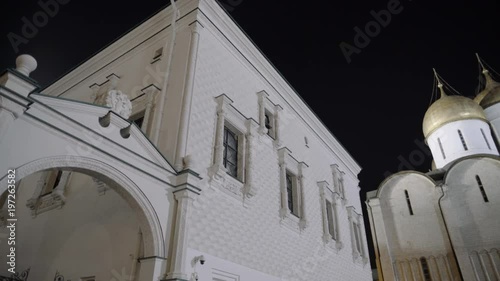 Cathedral of the Annunciation (Blagoveschensky sobor) at night. Cathedral Square, Inside of Moscow Kremlin, Russia. UNESCO World Heritage Site 4k