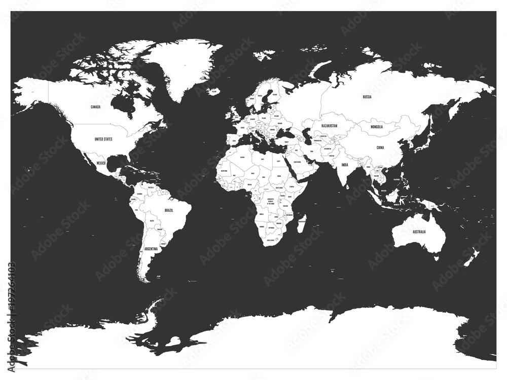 Political map of world. White lands and dark grey seas. Vector illustration.