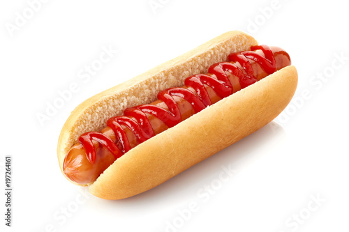 Fotografie Hot dog with ketchup on white